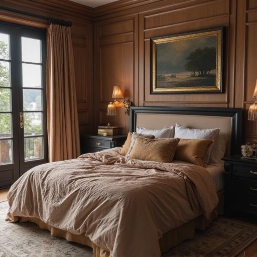 Elegant bedroom interior featuring a bed with beige bedding. Warm wooden paneling adds sophistication. A painting and lamps enhance the cozy ambience. Large windows allow natural light to enter.