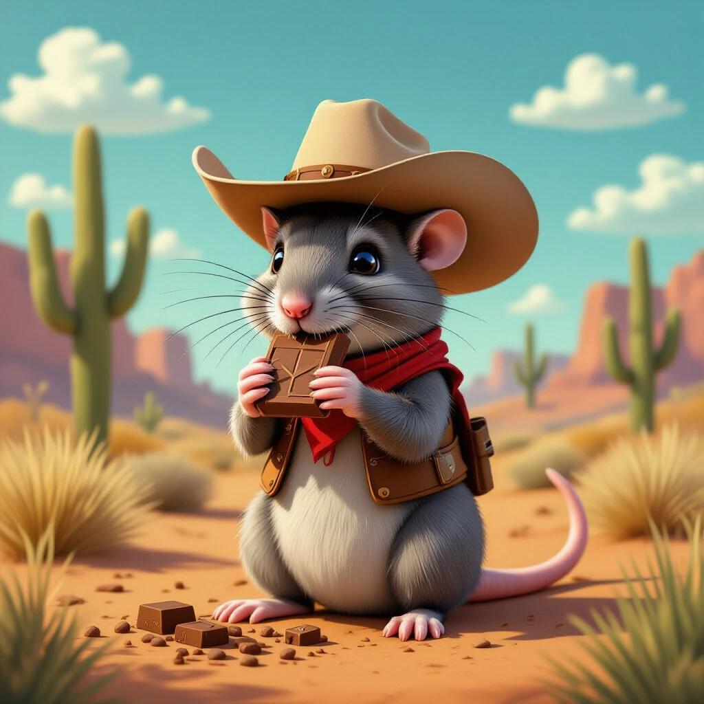 Mouse dressed as a cowboy eating chocolate in a desert scene surrounded by cacti and mountains.