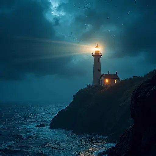 A cinematic atmosphere features a lone lighthouse on a rocky cliff. The lighthouse beams light through dark skies. The stormy sea is below with shimmering reflections. Deep blue and gold colors dominate the scene. Contains dramatic lighting and lens flare. Aspect ratio is 1:1 with ultra high detail. Symbolic mood is portrayed in modern album art style.