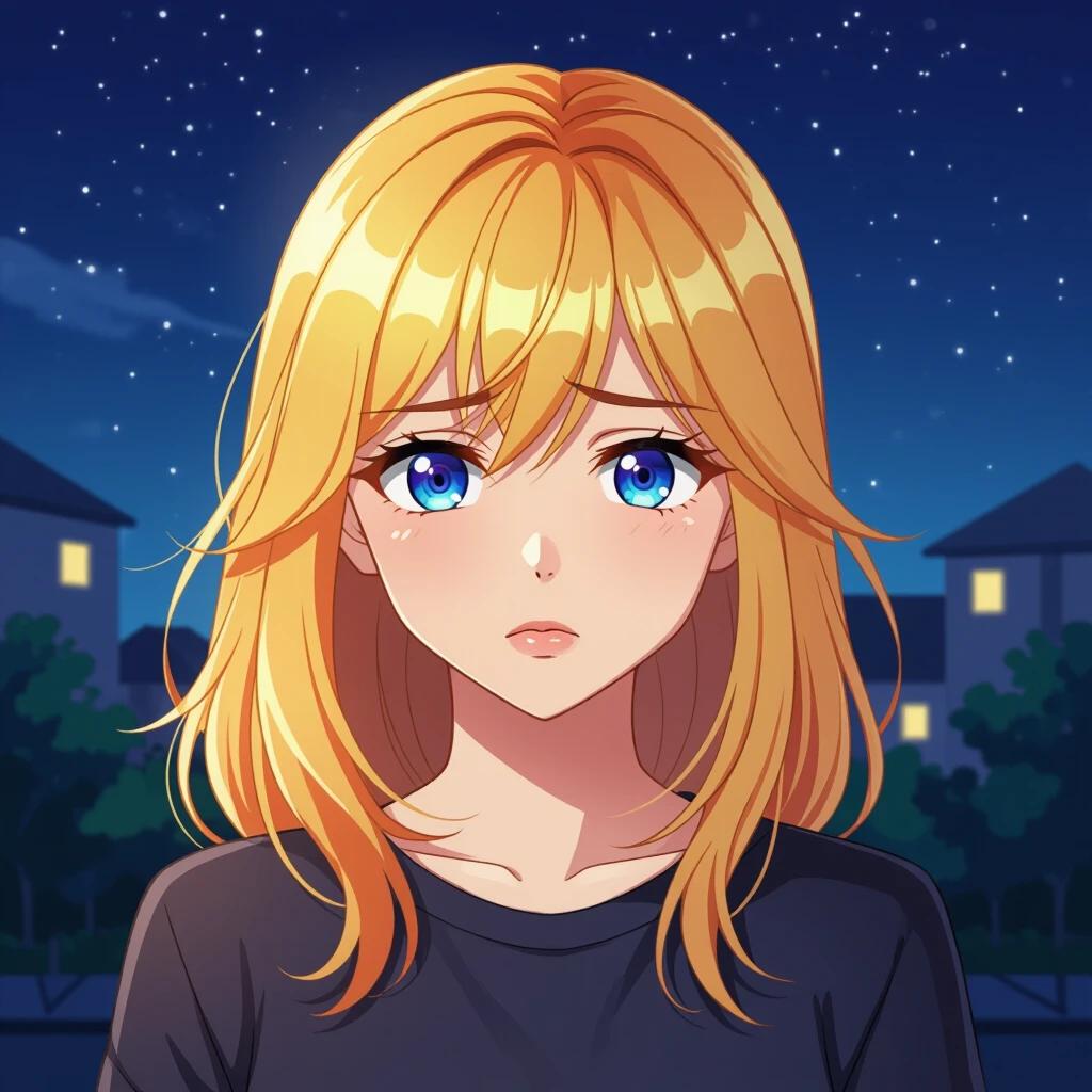 Anime style image of a young woman with vibrant medium length blonde hair looking forward. She appears upset and pouting. Background shows a night scene outside.