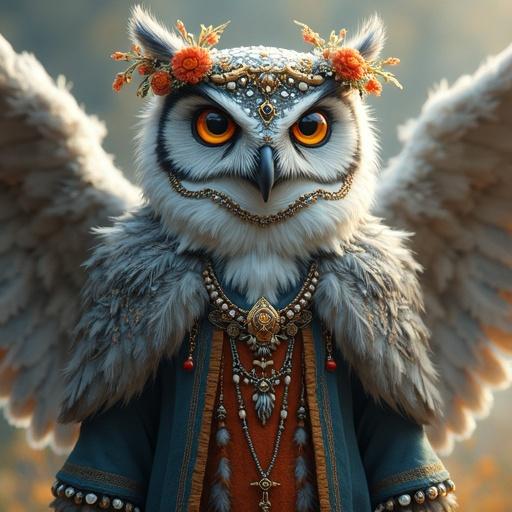 Character design of an anthropomorphic owl with light gray fur dressed in folkloric robes with wings. She wears layered embroidered garments with beads and talismans. Floral wreath on her head with wise glowing eyes. Full-length shot with painterly textures and dramatic posture.