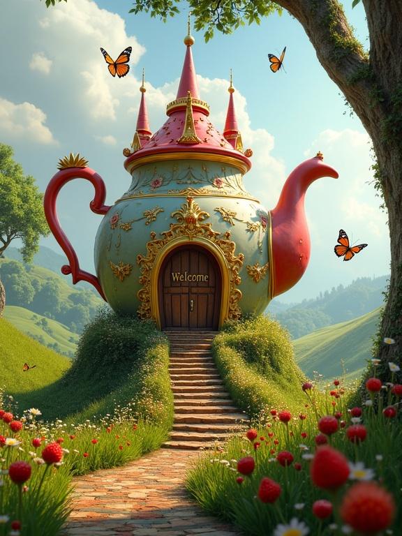 Whimsical teapot-shaped castle in a vibrant meadow with butterflies. Castle adorned with golden filigree and red spires. Pathway made of strawberries leading to a grand doorway. Soft afternoon lighting creating a magical atmosphere.