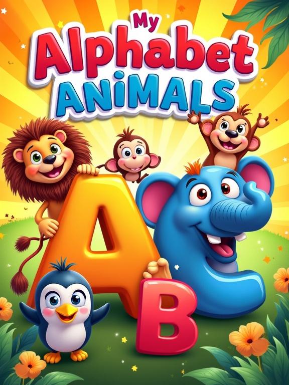 A vibrant book cover featuring friendly cartoon animals with big eyes. Title displayed in bold, colorful letters. Background in bright colors with a sunburst pattern. Characters including a lion, monkey, penguin, elephant, and parrot. Energetic composition with letters 'A', 'B', 'C' prominently shown. Designed for children's coloring book with clear outlines.