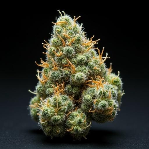 Ultra-macro photograph features a Blue Dream hybrid cannabis bud with slight asymmetry. Natural green core and patchy crystal trichomes. Sparse orange pistils present. Sugar leaves show muted blue hints. Background is matte black with soft natural shadows. Capture uneven and slightly rough texture. aspect ratio is 1:1.