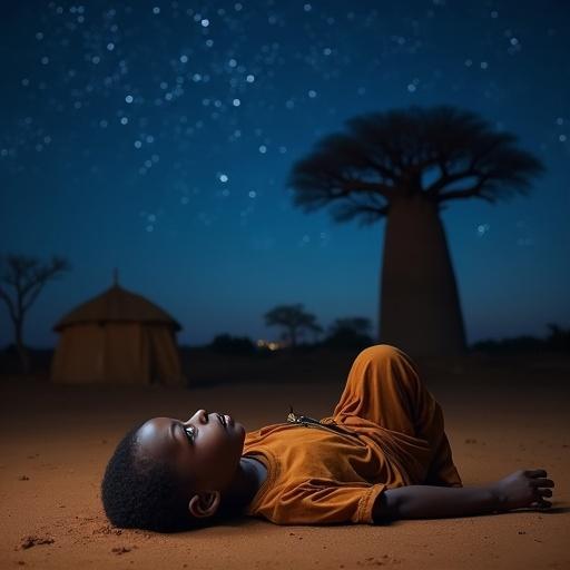 Young boy in rural Senegal rests on sandy ground at night. Gazes at the bright starry sky. Silhouette of baobab tree in background. Warm glow from nearby hut adds to the atmosphere.