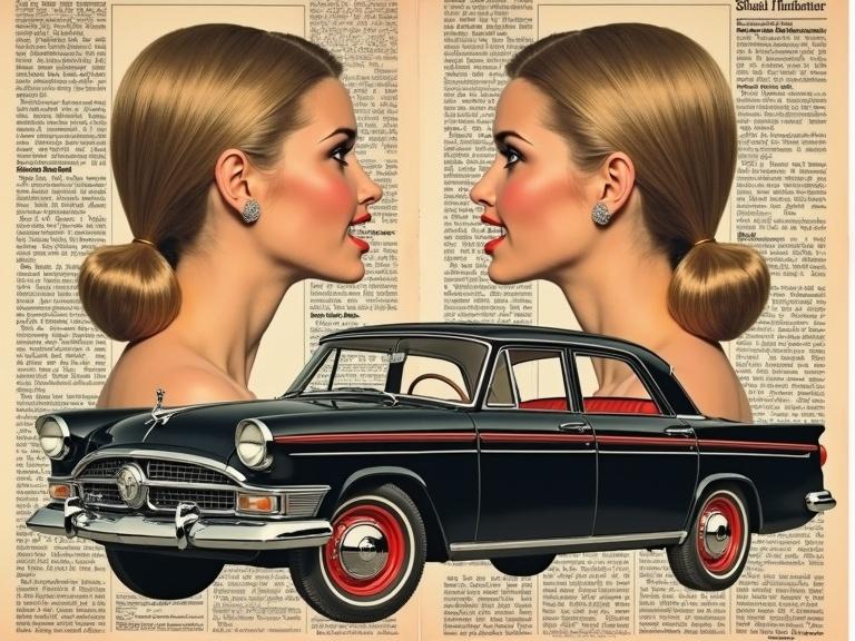 This image features a sepia-toned newspaper decoupage. It includes profile images of a stylish blonde model with 1960s hair. The central focus is a classic 1962 Humber Super Snipe Sedan that has a black exterior and red interior. The backdrop consists of newspaper text, enhancing the vintage theme.