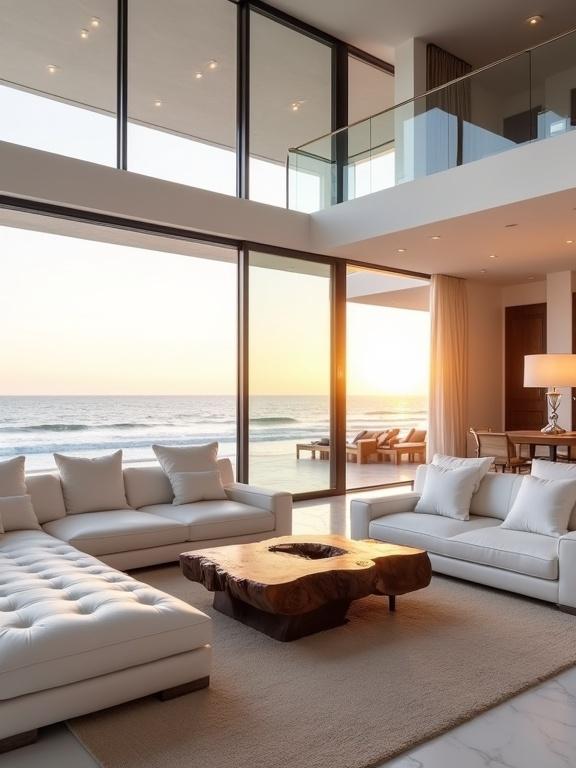 Luxurious ultra-modern beachfront living space with floor-to-ceiling glass walls ocean sunset view. Features white leather sofas and ottoman, wooden coffee table, cozy rug, polished marble flooring, double-height ceiling with recessed lighting, and open dining area.