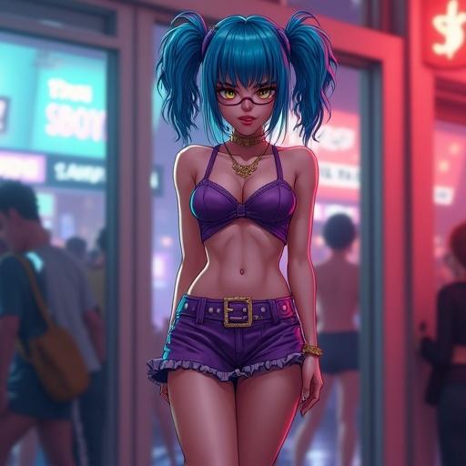 Party girl showcases trendy outfit. She wears a short skirt and has blue hair. The scene depicts a nightlife setting. Focus on the full body. Display a vibrant atmosphere with other people in the background.