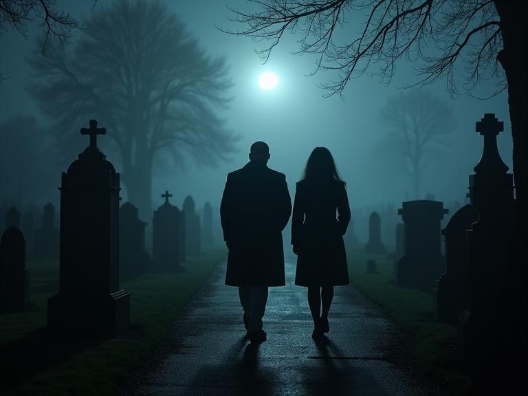 Graveyard scene in Edinburgh at midnight. The atmosphere is foggy. Dramatic lighting creates a mysterious effect. A bald white British man and a Chinese woman are seen in the distance. They are touching gravestones and appear contemplative.