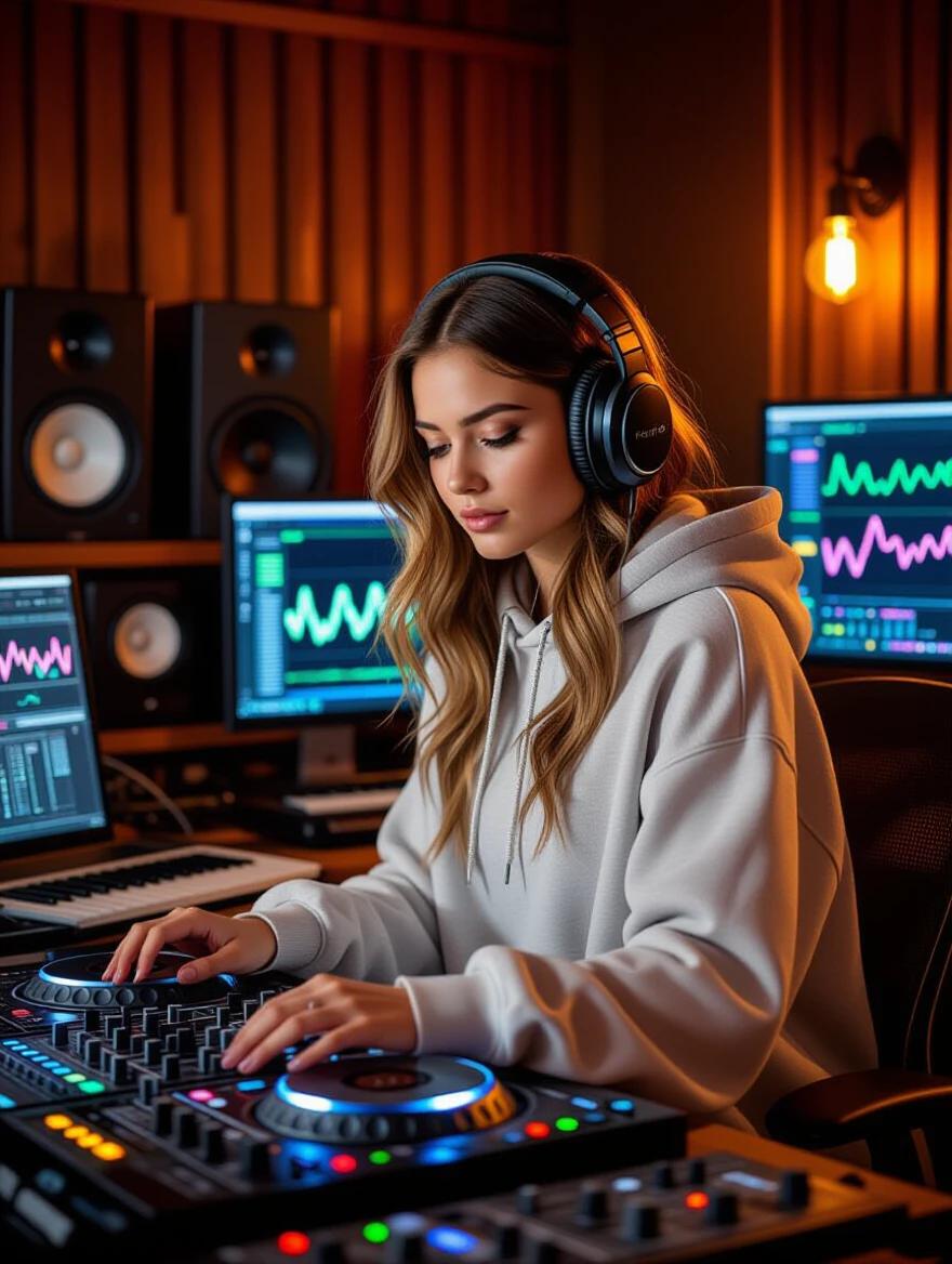 A young female DJ focuses on recording a live set. She wears a cozy hoodie and sweatpants with big headphones. Surrounded by mixers and monitors showcasing colorful waveforms. Serious expression shows deep immersion in the music. Warm lighting casts soft shadows against wooden panels creating an inviting atmosphere.