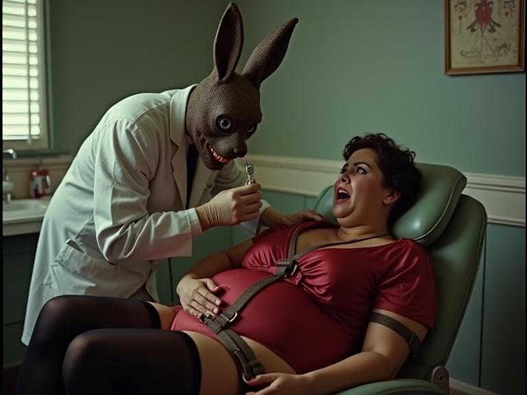 Photo of a dental scene in the 1950s with a rabbit-masked dentist and an uneasy patient. Interior reflects colonial style with a medical chair. The woman is wearing a red dress and black stockings, appearing frightened. The dentist leans over with a dental tool, creating a disturbing mood.