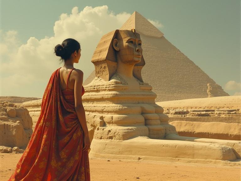 Myanmar lady in traditional dress admires the Sphinx in Egypt. She appears small compared to the Sphinx. Surrealism art style with hyper-realistic features. Sci-fi cinematic lighting with hot dull muted colors. Inspired by Donato Giancola's art style.