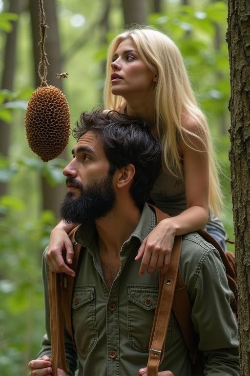 Blonde woman sat on the shoulders of dark haired man no beard in a forest trying to knock a beehive down from a tree