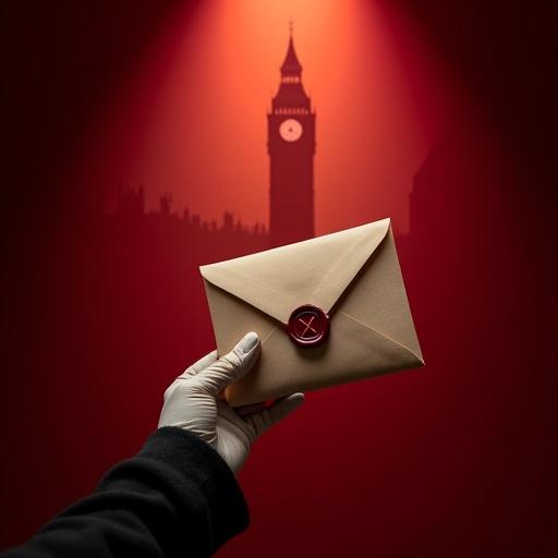 Close-up view of a mysterious envelope with a wax seal. A woman's gloved hand is reaching for it. Deep red gradient background with spotlight effect. A faint silhouette of Big Ben is in the background. Title includes 'Agatha Christie' in classic serif font.