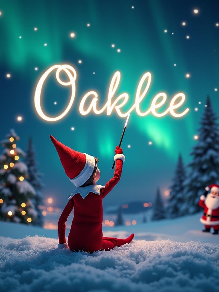 Enchanting Christmas scene. Elf on the shelf watches the sky. Using a wand to write 'Oaklee'. Background has northern lights. Distant Santa Claus figure. Snow covers the ground. Magical moment of holiday joy.