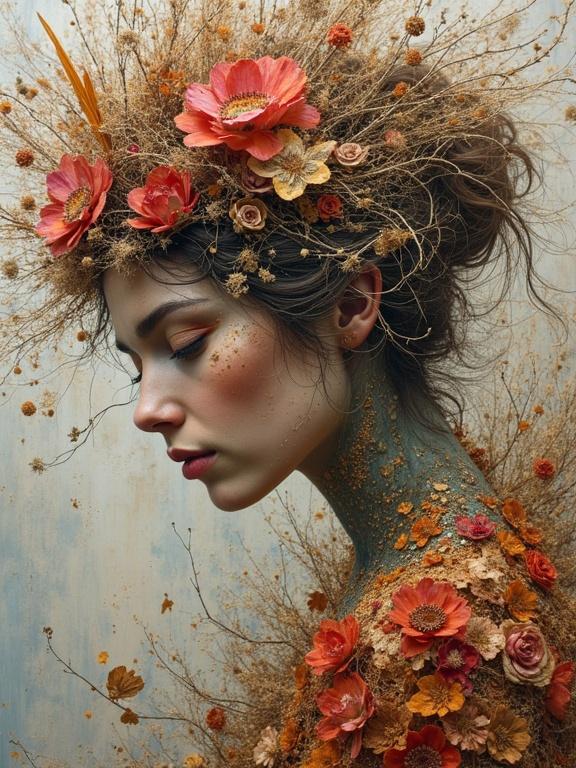 A creative representation of Lady Godiva. The artwork includes a blend of natural and textured materials. Floral elements like roses and lotus are prominently featured. The background has a soft, textured quality. The composition creates a sense of depth and texture through various materials, showcasing a rich color scheme. It evokes a magical and stunning artistic experience.