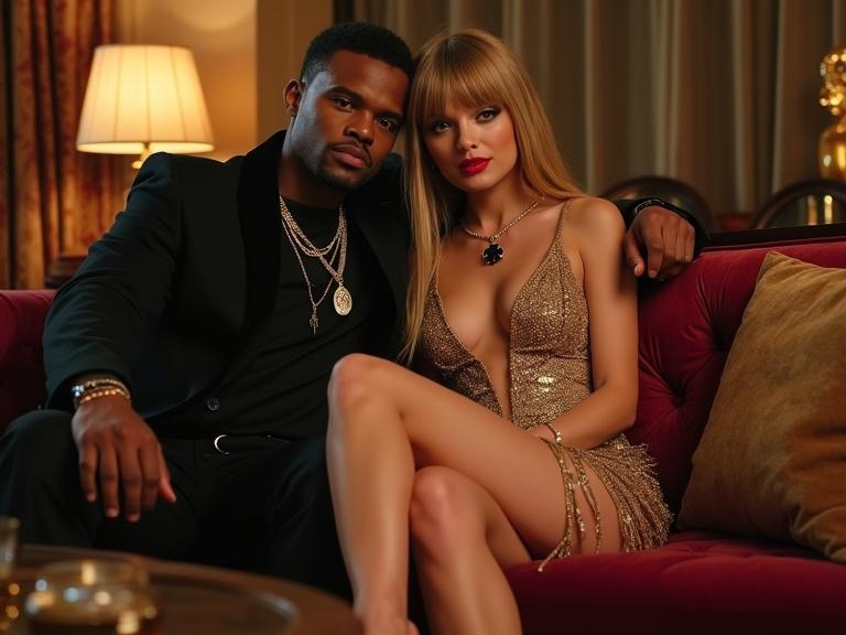 A glamorous couple seated close on a couch in a warm-lit setting. The woman wears a stylish, very short sparkly dress and a black spade pendant. The man is dressed in formal attire. They are in a cozy atmosphere with elegant decor. The woman is smiling while holding a drink. The scene conveys luxury and romance.