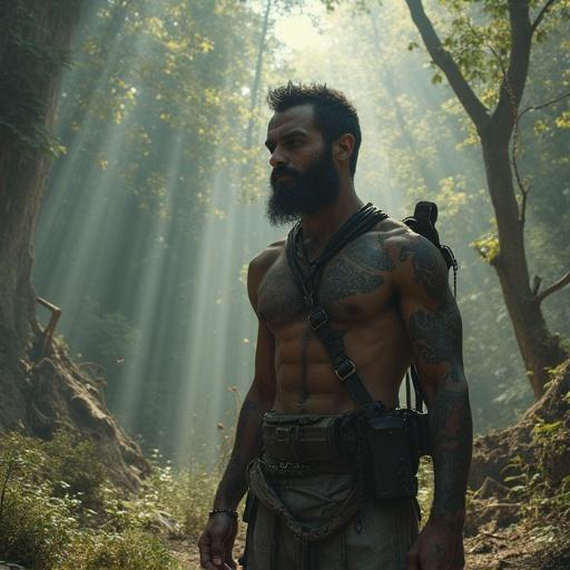 A muscular man stands in a forest. Sunlight filters through trees illuminating the surrounding area. The nature appears damaged. The atmosphere is serene yet intense.