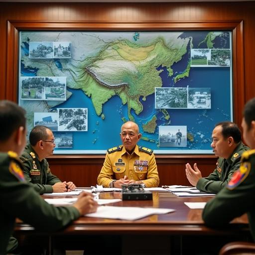 Thai Prime Minister in traditional attire in Government House. Surrounded by military generals and experts. Reviewing documents and discussing border issues with Cambodia. Room features maps, surveillance footage, and communication devices.