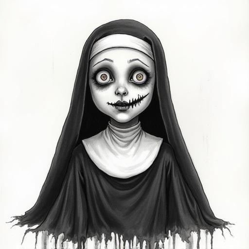 Full-body artwork of a creepy nun drawn in a childlike style. The artwork has a macabre tone and features prominent creepy elements.