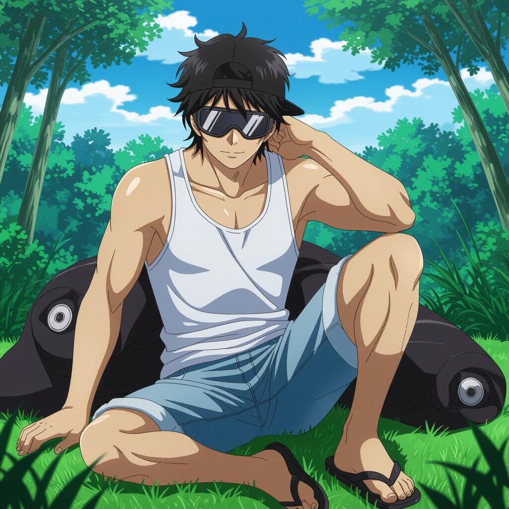 Anime style character with athletic build. Messy black hair. Wearing a white tank top and light blue denim shorts. Black cap and flip-flops. Relaxed pose with hand on neck. Confident expression. Stylish and laid-back aura. Dark energy indicated.