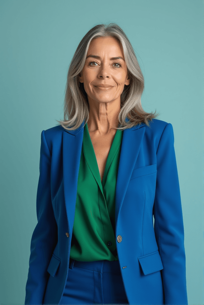 A woman with gray hair wearing a bright blue blazer and green blouse against a pale teal background.