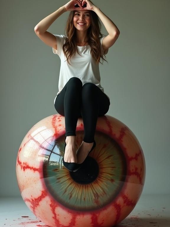 Photograph of a young woman seated on a large bloody eyeball. She wears a t-shirt and leggings. Her expression is cheeky. She forms a heart shape with hands. Eyeball is soft and exaggeratedly swollen. Scene blends sensuality and discomfort.