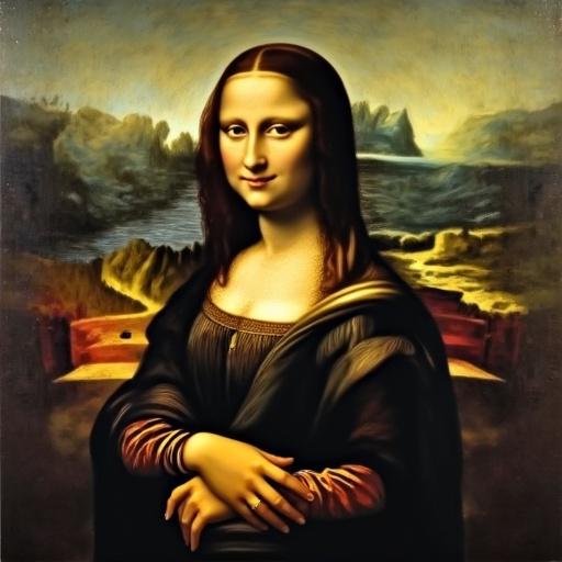 Extraterrestrial version of Mona Lisa. Unique interpretation of the iconic painting. Blending classic style with sci-fi elements. Background features alien landscapes. The figure retains familiar pose and expression.