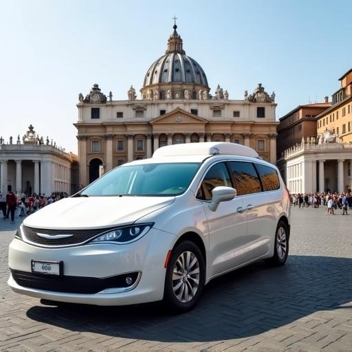 White Chrysler Pacifica designed as a popemobile parked at St. Peter's Square in Vatican City. Bright sunlight illuminates the scene with people gathered in the background.