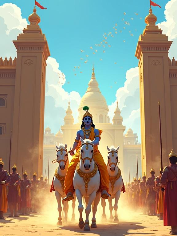 A majestic 3D pixel art scene portrays Lord Krishna arriving at Hastinapura. Krishna rides a radiant golden chariot drawn by four white horses. He wears a yellow silk dhoti and a blue upper cloth with a peacock feather crown. The gates of Hastinapura open as guards bow. Tall palace towers shine in sunlight. The sky is clear blue with birds in formation. The city is decorated with red and gold flags. Dust rises as the chariot enters, creating a divine feeling.