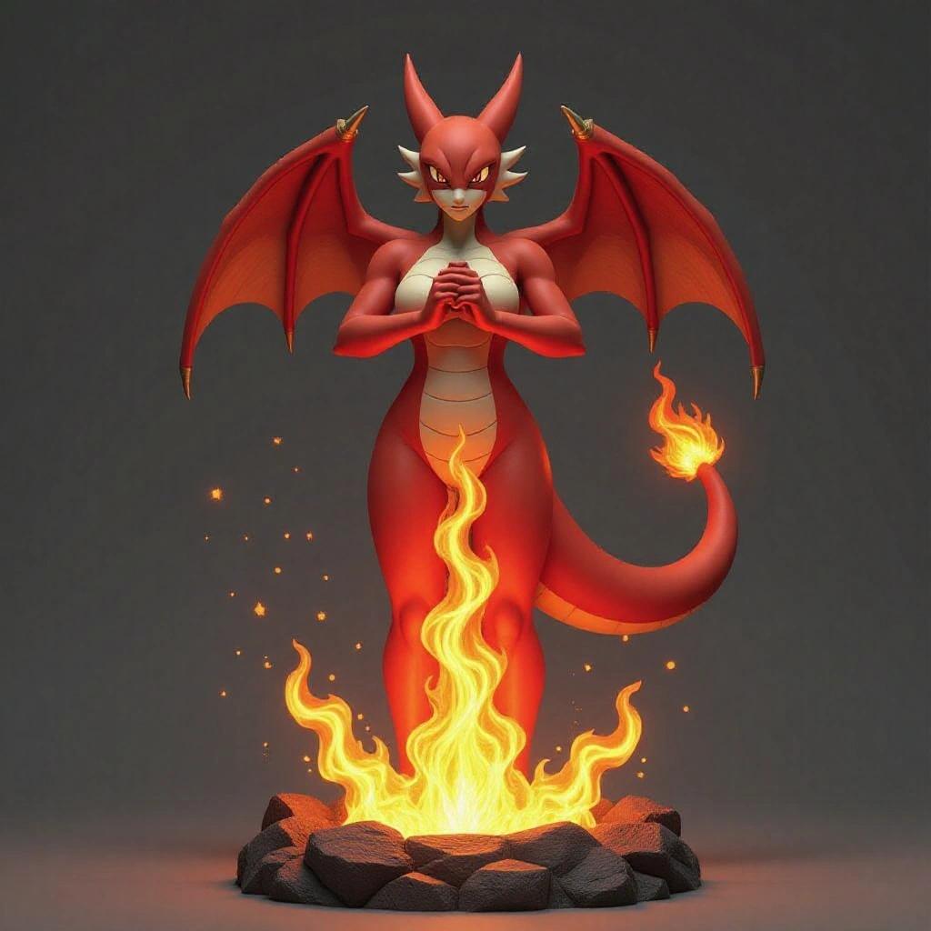 3D sculpture of a female dragon figure inspired by Charizard hovering above fire. Flames out of hands in an explosive attack. Human and dragon body blend with scales and claws. Wings like Charizard's with vivid flames. Aggressive pose with fierce expression. Dark fantasy style, ultra-detailed. Energy beam dynamic and powerful.
