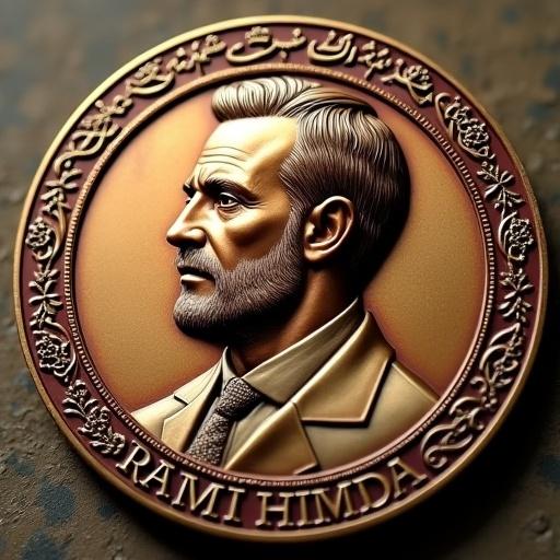 An intricately detailed bronze commemorative coin featuring a high-relief portrait of a man with no hair and a trimmed beard. Rim adorned with floral arabesques and scrollwork. Name engraved in serif lettering. Warm golden-brown patina, soft directional lighting to enhance texture, ultra-high resolution, photorealistic.