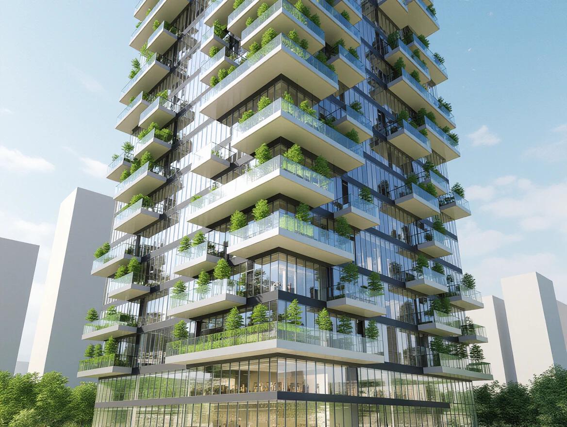High-tech skyscraper features transparent walls with balconies. Each balcony has hanging gardens. Designed for sustainable urban living. Showcases modern architectural techniques. Bright daylight illuminates the structure.