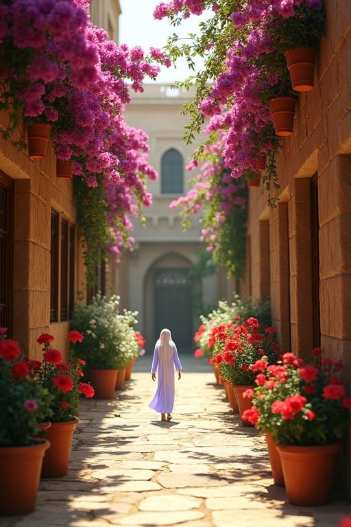 A wide shot of an Egyptian flower alley during the day. Dappled sunlight filters down. The alley is surrounded by old stone buildings. Vibrant flowers decorate both sides. A translucent flying genie enters the scene.