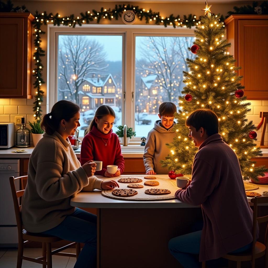 A cozy kitchen filled with Christmas spirit. Laughter and love surround a family. Cookies are baked on the table. A decorated tree with twinkling lights shines brightly. Winter scenery is seen outside.