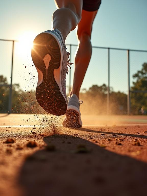 Dynamic close-up of a running shoe hitting ground on sunlit outdoor sports court. Low angle perspective. Underside of shoe in focus with textures and motion blur. Dirt scatters from impact. Strong sunlight casting shadows and light rays. Muscular leg visible, emphasizing movement. Realistic depth of field and high contrast.