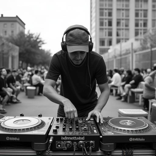 Black and white photo of a DJ performing outdoors. The DJ wears headphones and a bucket hat. The setup includes two turntables and a mixer. Hands are engaged with the equipment. The setting shows a casual street-feel with spectators. Chain-link fencing and plastic crates are near the booth. Emphasizes a grassroots atmosphere. Shot in documentary style. High contrast and detailed focus on equipment. Soft background crowd.
