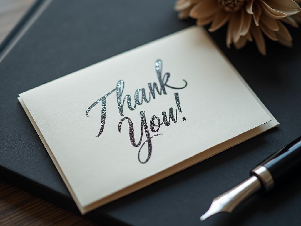 An elegant thank you card is elegantly displayed on a dark surface. The card features beautifully stylized cursive writing that says "Thank You!" in shimmering silver ink. Next to the card, there is a polished fountain pen with a silver nib, ready for use. Soft natural lighting enhances the card’s textures, showcasing the fine paper quality. The background is minimalistic, keeping the viewer's focus on the card and pen, emphasizing sincerity and appreciation in a tactile, artistic manner.