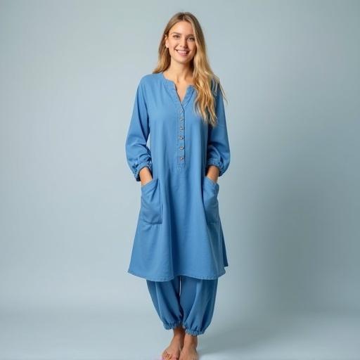 Woman wears blue shalwar kameez. Clothing has no embroidery. The full body is visible with a subtle background. The outfit is plain and elegant.