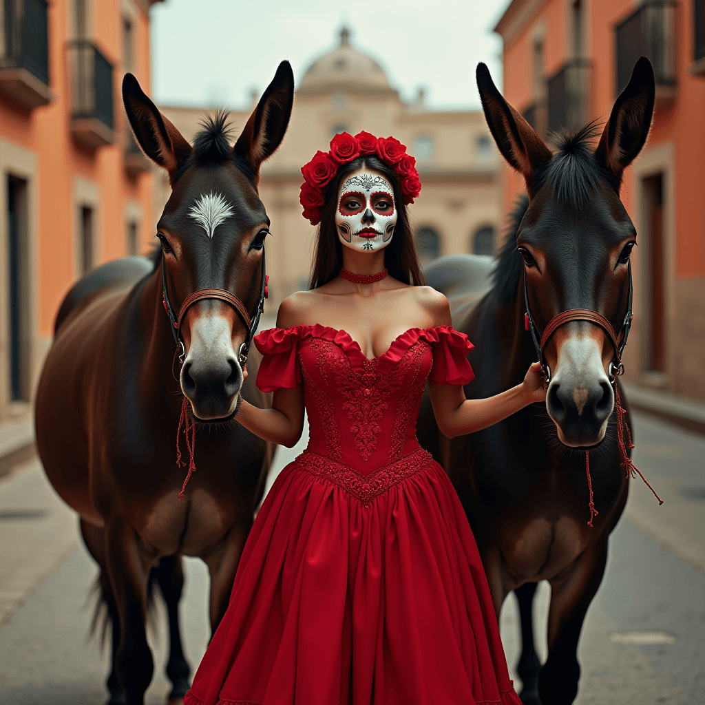 A woman dressed in a vibrant red gown with intricate embroidery and a floral headpiece stands between two mules on a quaint, colorful street, her face adorned in elegant Día de los Muertos makeup.