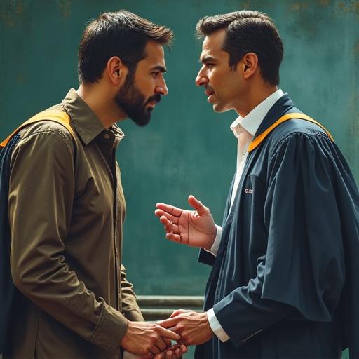 Image depicts a vibrant scene illustrating master's and doctorate studies in MERCOSUL. Two men engage in conversation. One man wears casual attire. The other wears graduation robes. The setting suggests an academic atmosphere. Colors emphasize warmth and seriousness.