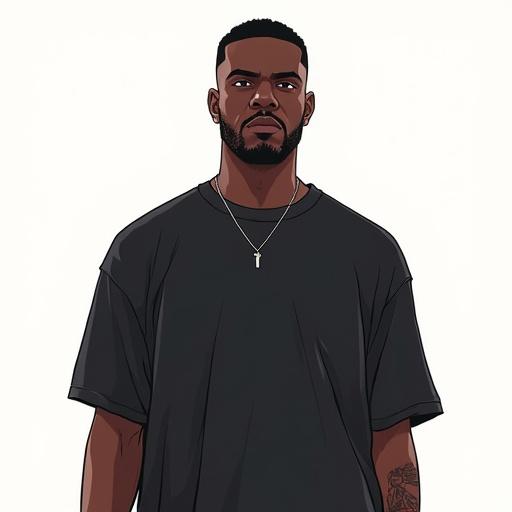 Illustration of a black male character with a solid color t-shirt facing the camera. No accessories or background. Bright illumination with no shadows. Style resembles Grand Theft Auto.