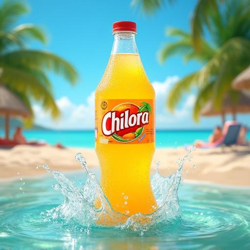 Summer beach scene with a vibrant bottle of Chillora cold drink in the foreground splashing into water. Background features palm trees, sunbathers, and tagline: Sip the Sunshine – Limited Mango Burst Edition. Bright, refreshing, playful design.