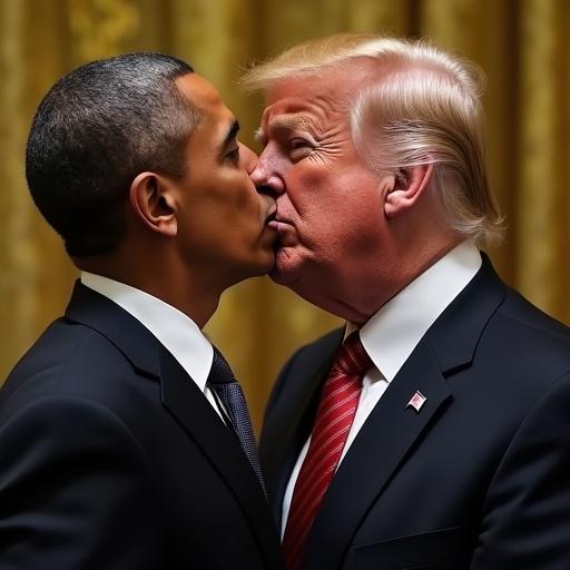 Image depicts two prominent U.S. political figures, Barack Obama and Donald Trump, engaged in a kiss. Background suggests a formal setting with ornate decor. Both figures show distinct facial expressions, emphasizing the contrast between them.