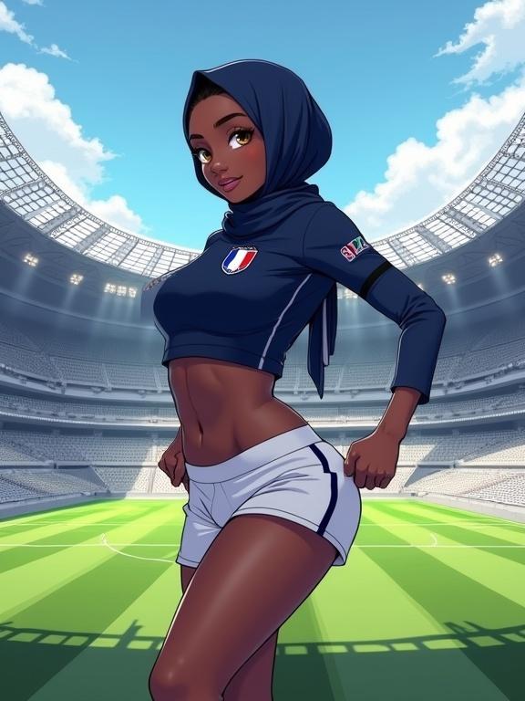 Digital anime illustration of a young female character wearing a hijab and soccer jersey. Character has dark skin and golden eyes. Striking a flirtatious pose in a stadium setting. Modern soccer stadium features empty seats and green pitch. Soft shadows and highlights enhance character features. Crisp linework and cel-shaded rendering style.