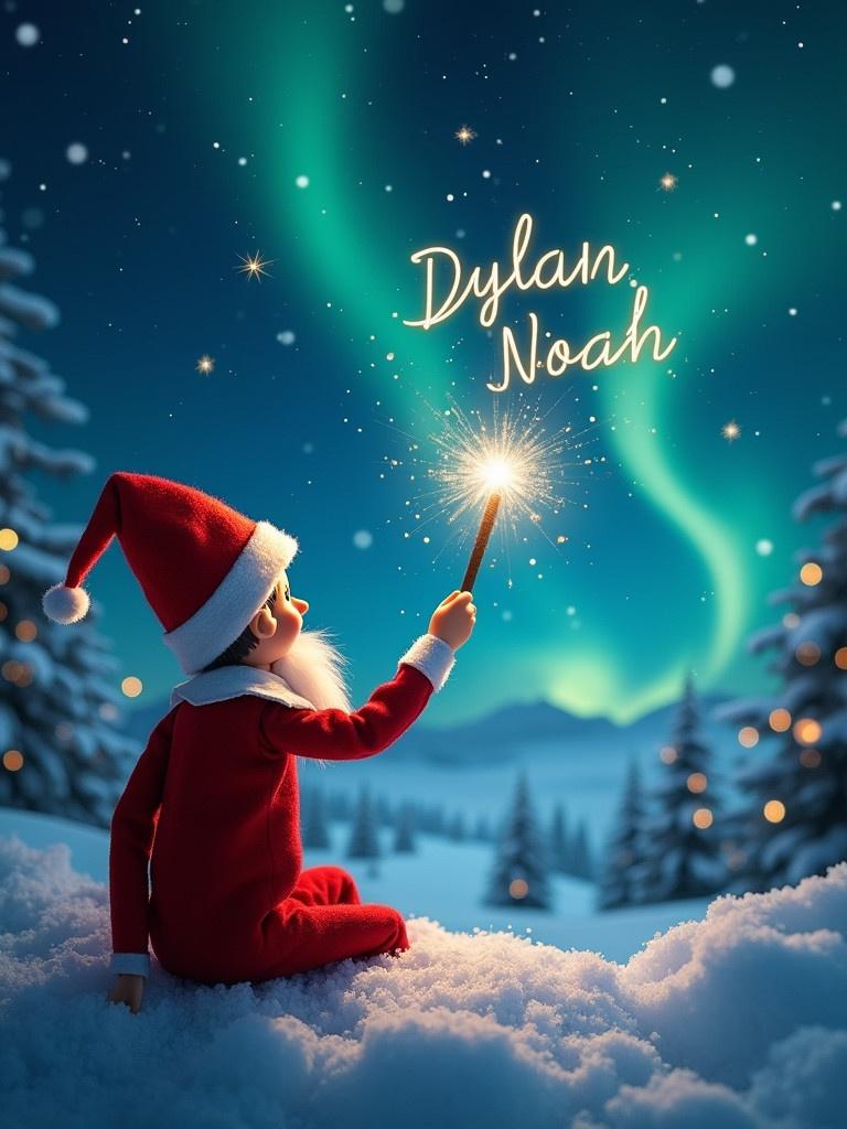 Elf on the shelf with back facing the image. Elf is using a wand to write in the sky. Magical Christmas background with northern lights. Names Dylan and Noah written elegantly in the sky. Elf sitting on snow.