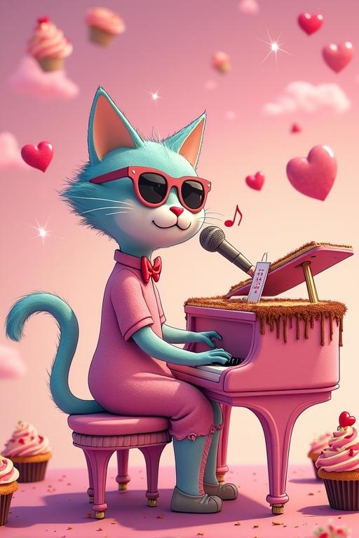 A whimsical surreal cartoon scene. A giant pastel-colored cat with a bowtie and sunglasses plays a cupcake grand piano. A girl named Alessandra Cantagattanda, a cat-woman, sings with sparkly musical notes. The background features a pink sky filled with hearts, stars, and lasagna slices.
