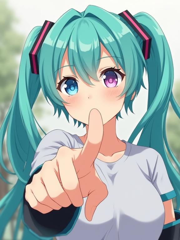 Anime girl with turquoise hair in twintails wearing grey t-shirt. Character has heterochromia with one blue and one pink eye. She is playfully pointing her finger close to the viewer with a slight smile. Soft lighting provides depth to the background, presenting a blurred effect.
