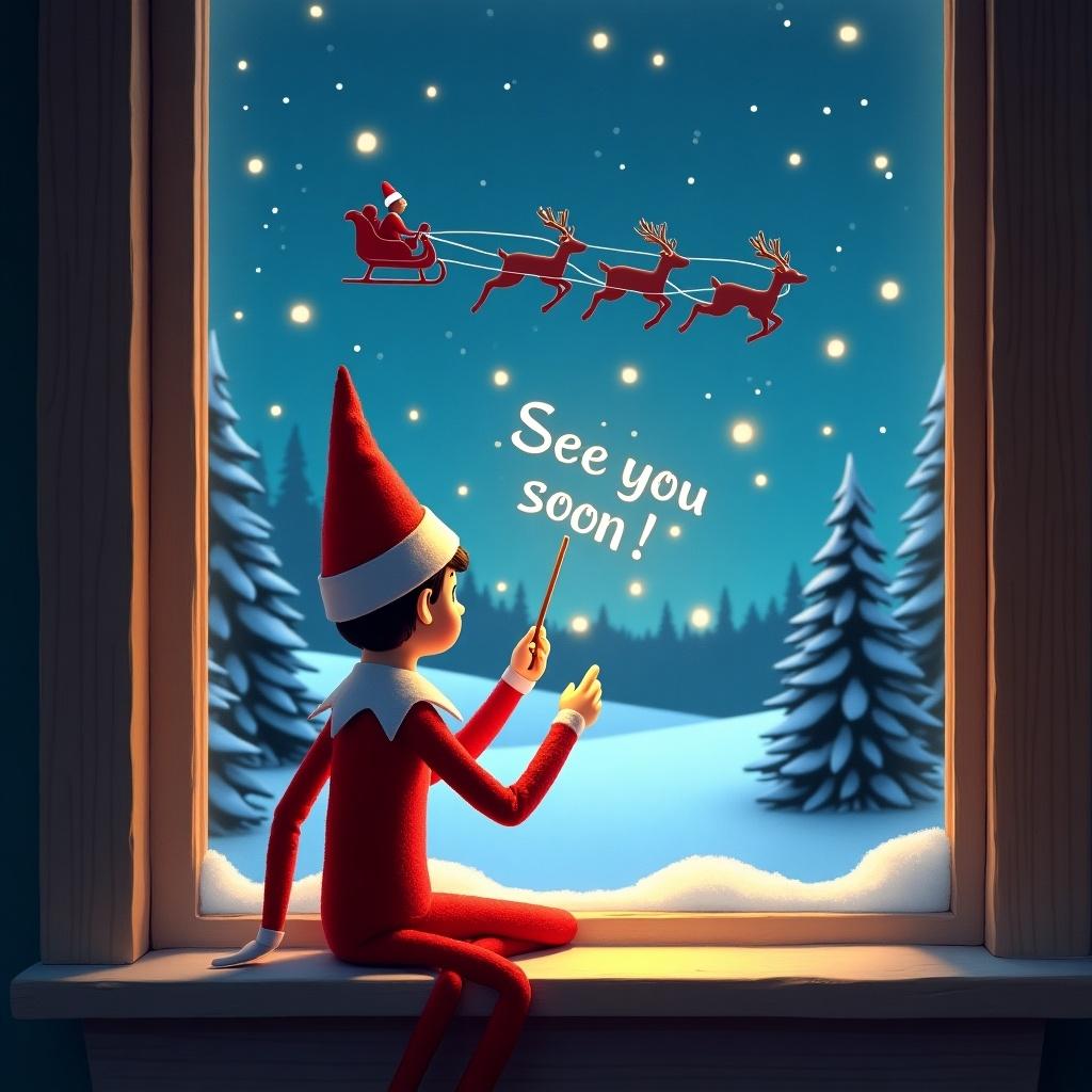 An enchanting scene featuring an Elf on the Shelf sitting by a window, facing away from the viewer. The elf is joyfully using a wand to create sparkles in the night sky, writing 'See you soon Siena, Emilia and Luca.' In the background, Santa’s silhouette is seen in a sleigh, flying with his reindeer across a snowy landscape. The warm glow from the window adds a magical touch to the winter night. Pine trees and a starry sky complete the festive atmosphere.