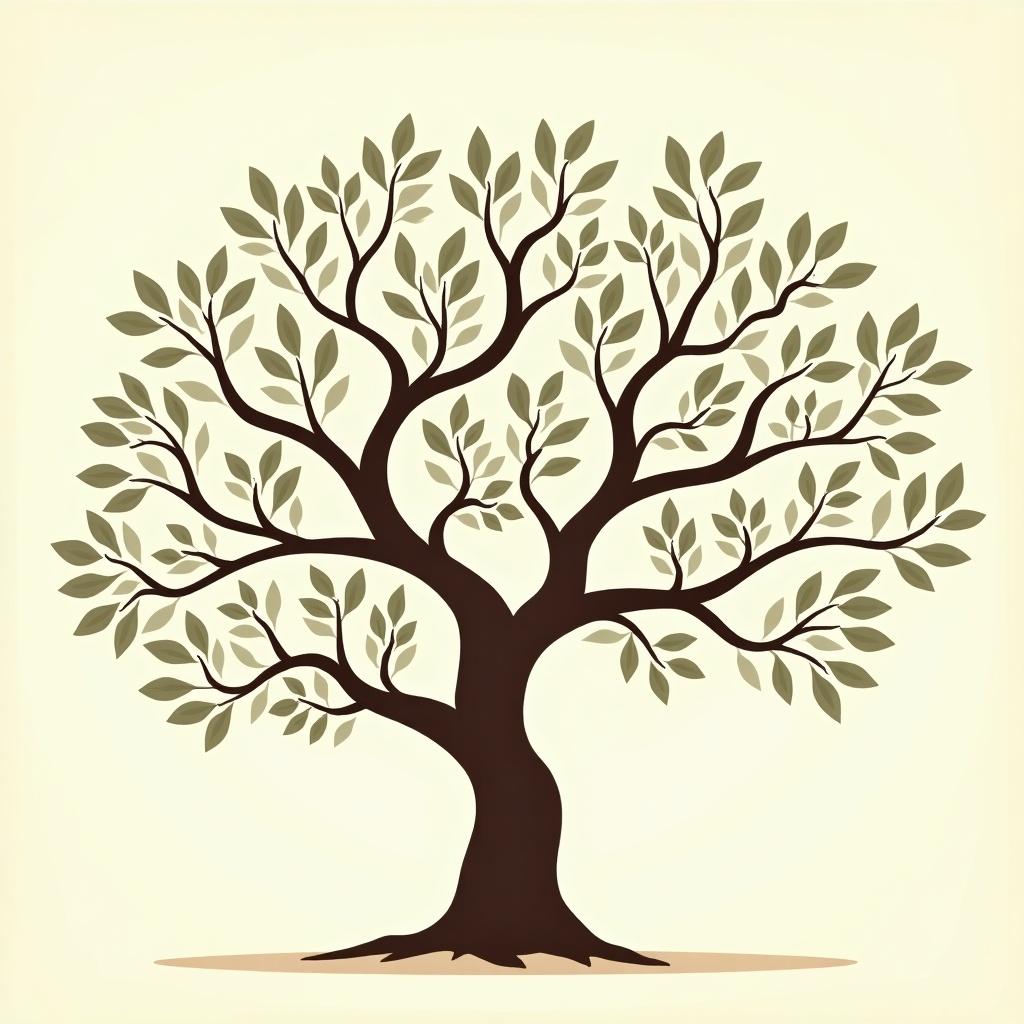 A genealogical tree representing the Thomas family designed in a modern cartoon style. Illustration features a symmetrical tree with abundant leaves and dark brown branches against a light beige background.